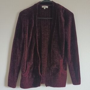 Mudd Y2K Burgundy Velvet Sweater Cardigan Women's Size Small Front Pockets Cozy